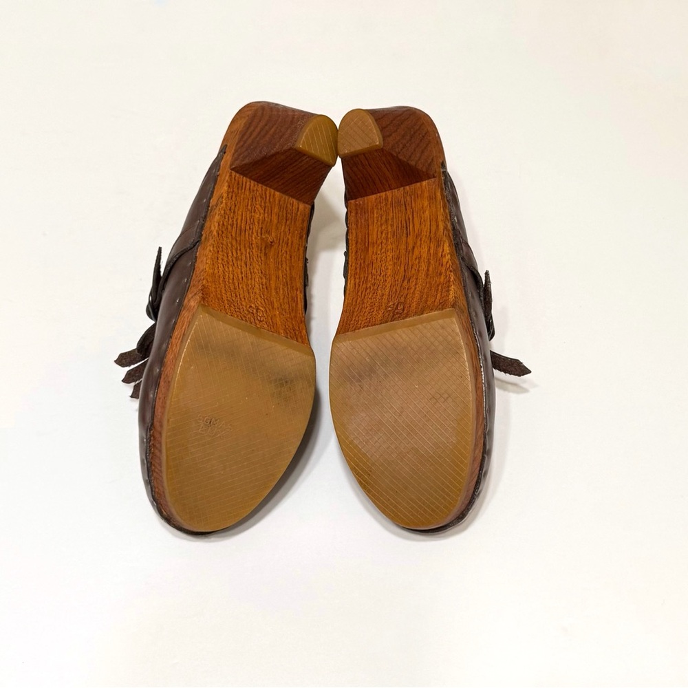 RACHEL COMEY BROWN LEATHER FRINGE WOOD HEEL CLOGS MULES - Picture 7 of 15